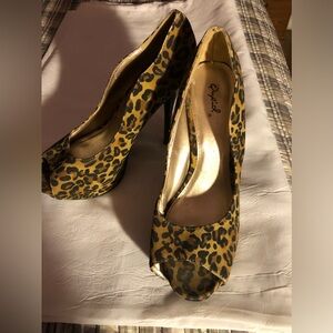 Qupid Leotard Print Open Toe Platform Stiletto Heels, Size 9